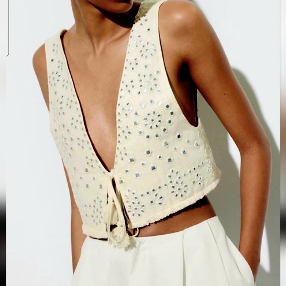 NWT Zara Embroidered Mirror Waistcoat Crop TieFront Vest Top Western Boho.Size S